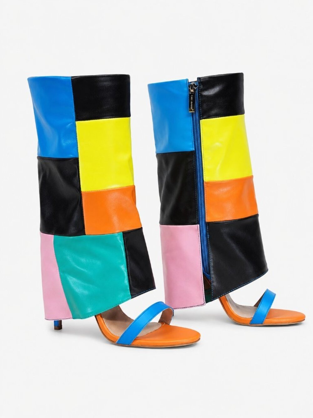 NIB Paris Color Block Stiletto Fold Over Skirted Shootie Sandal Boots